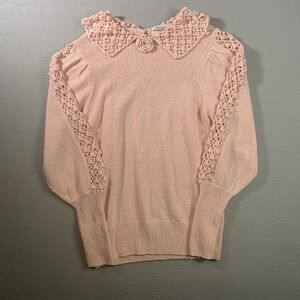 VTG Brownstone Studio Women's Sz S Pink  Collared Sweater Textured Rose Crochet